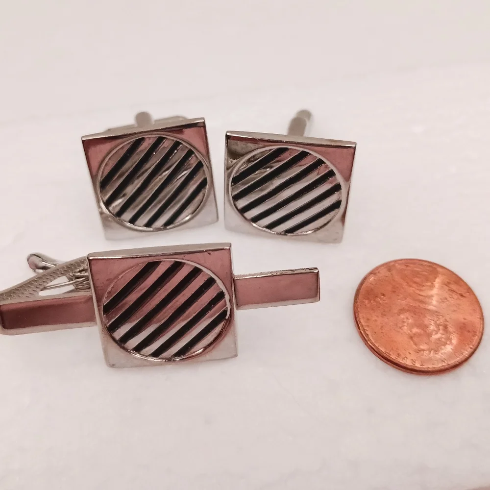 Tie Clip Bar, Cufflinks, Silver Black Vintage Space Age Graphics Classic Atomic
